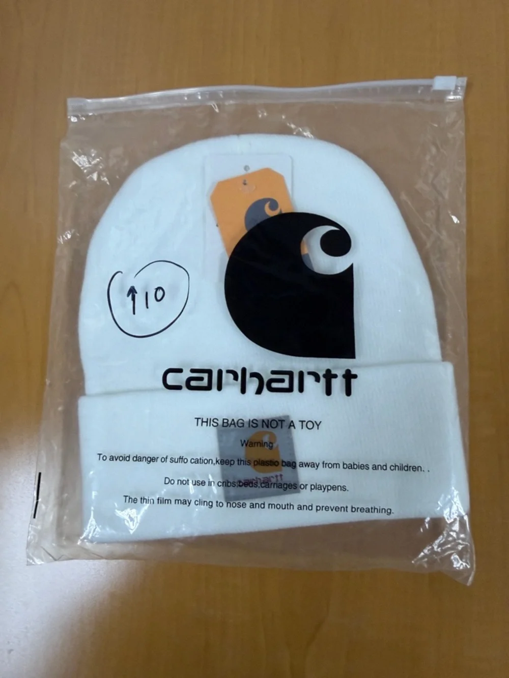 Carhartt White Knit Beanie with Tan Logo Patch - Picture 2 of 2